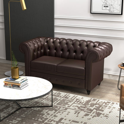 Canapea Chesterfield cu 2 locuri, cu pernă detașabilă, din piele ecologică, lemn și metal, 160x84x80 cm, maro