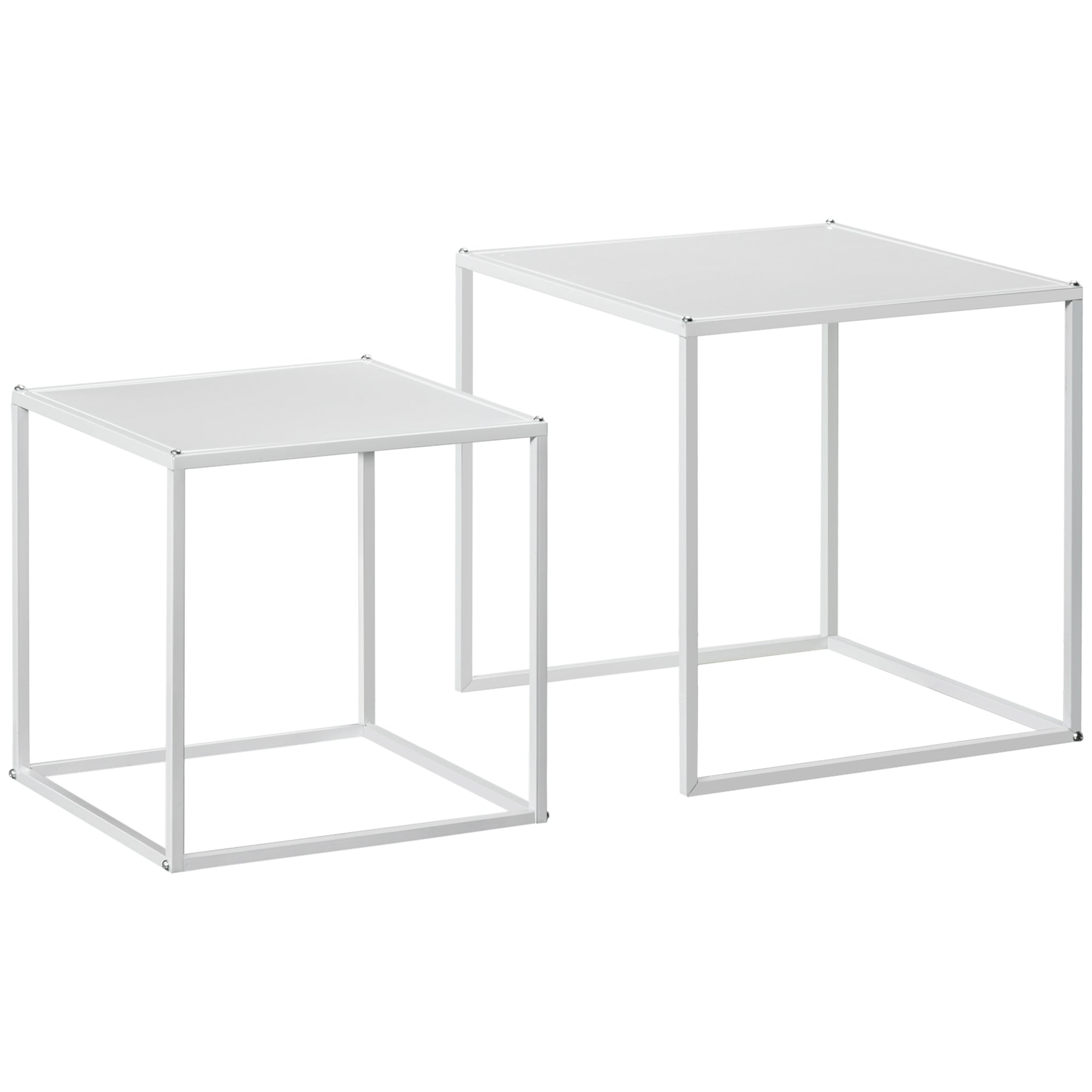 Set de 2 masute de cafea patrate stivuibile, masute laterale si de living din otel, alb