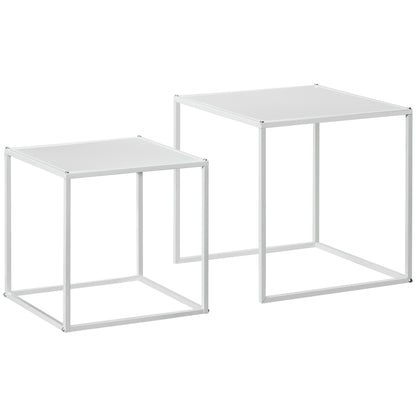 Set de 2 masute de cafea patrate stivuibile, masute laterale si de living din otel, alb