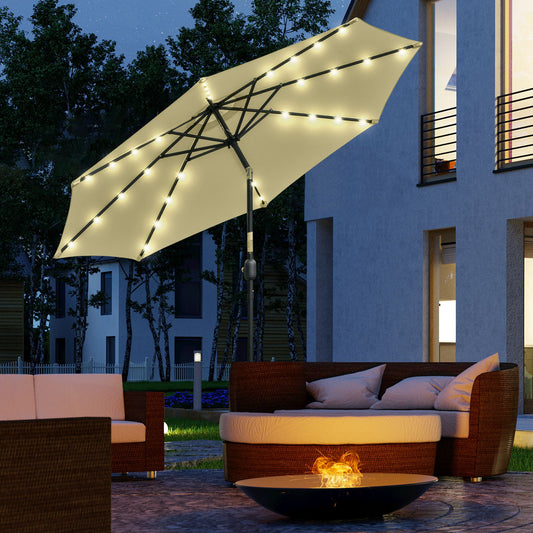 Umbrelă de Grădină Inclinabilă Ø265 cm cu 32 Luminile LED Solare și Manivelă, Umbrelă de Exterior cu 8 Spițe, din Oțel, Poliester, pentru Patio, Curte, Balcon, Terasă, Bej