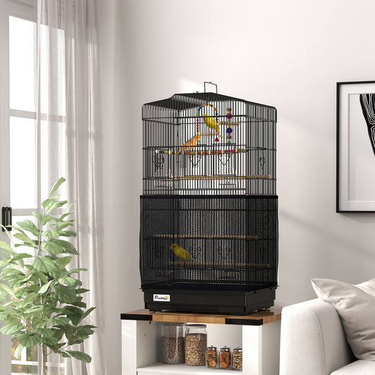 Colivie pentru pasari cu Stinghii, Leagan si boluri, Voliera din Metal si Plastic, 46.5x35.5x92 cm, Negru