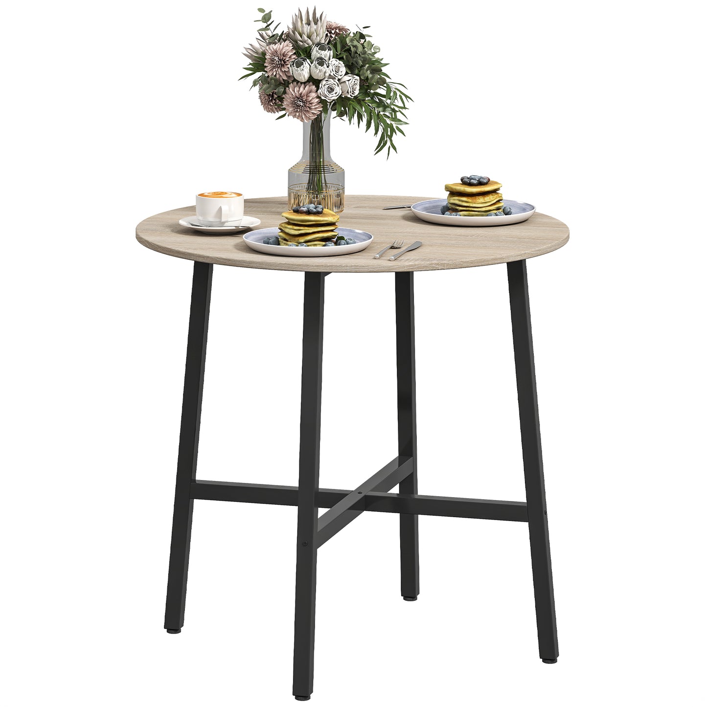 Masă de Prânz Rotundă în Stil Industrial pentru 2 Persoane cu Bază Încrucișată, Masă de Bucătărie din Lemn și Oțel, Ø80x75 cm, Negru și Culoare Lemn