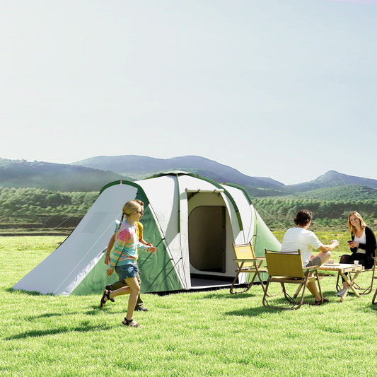 Cort de Camping pentru 4-6 Persoane cu 2 Camere, din Poliester și Fibră de Sticlă, 555x225x190 cm, Gri și Verde
