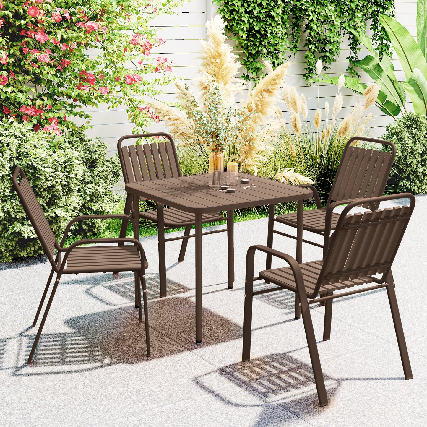 Set 4 Scaune de Exterior Stivuibile cu Spătar Înalt și Brațe, din Oțel și PP, 56x66x91 cm, Maro Închis
