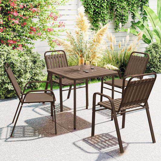 Set 4 Scaune de Exterior Stivuibile cu Spătar Înalt și Brațe, din Oțel și PP, 56x66x91 cm, Maro Închis