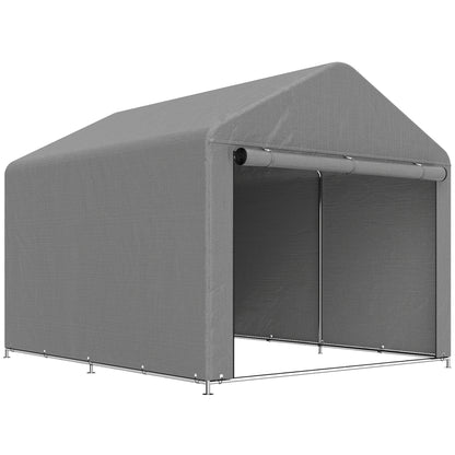 2x2,4 m Garaj Moto pentru Exterior, Tenda Impermeabilă cu Ușă Rulabilă, pentru Biciclete și Unelte, Cadrul din Oțel Zincat, Adăpost de Grădină, Gri Deschis