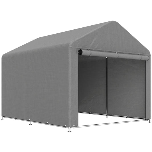 2x2,4 m Garaj Moto pentru Exterior, Tenda Impermeabilă cu Ușă Rulabilă, pentru Biciclete și Unelte, Cadrul din Oțel Zincat, Adăpost de Grădină, Gri Deschis