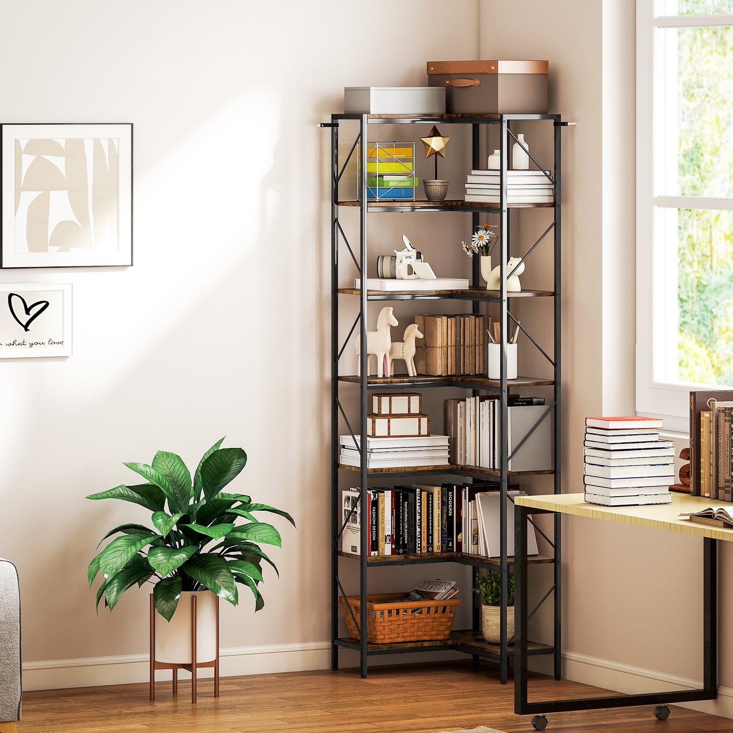 Bibliotecă de Colț Industrială cu 7 Nivele, din Lemn și Oțel, 60x60x198 cm, Maro Rustic