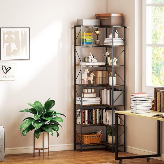 Bibliotecă de Colț Industrială cu 7 Nivele, din Lemn și Oțel, 60x60x198 cm, Maro Rustic