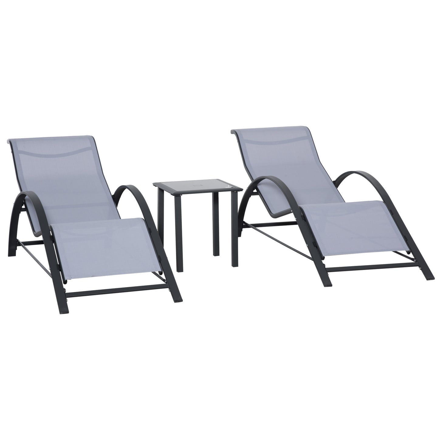 Set de 2 șezlonguri și măsuță cu blat din sticlă, 59x169x66 cm, gri deschis