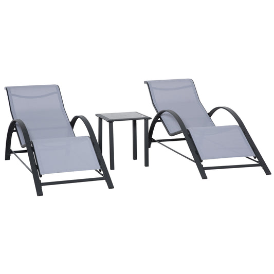 Set de 2 șezlonguri și măsuță cu blat din sticlă, 59x169x66 cm, gri deschis