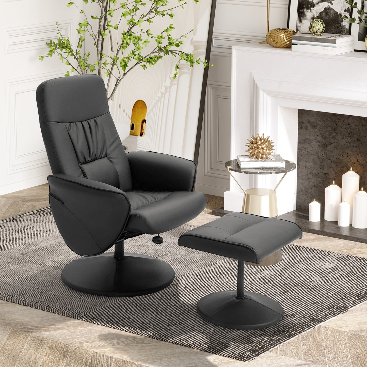 Fotoliu Relax Rotativ 360° din Metal și Piele Sintetică, cu Suport pentru Picioare, Spătar Reglabil, Negru