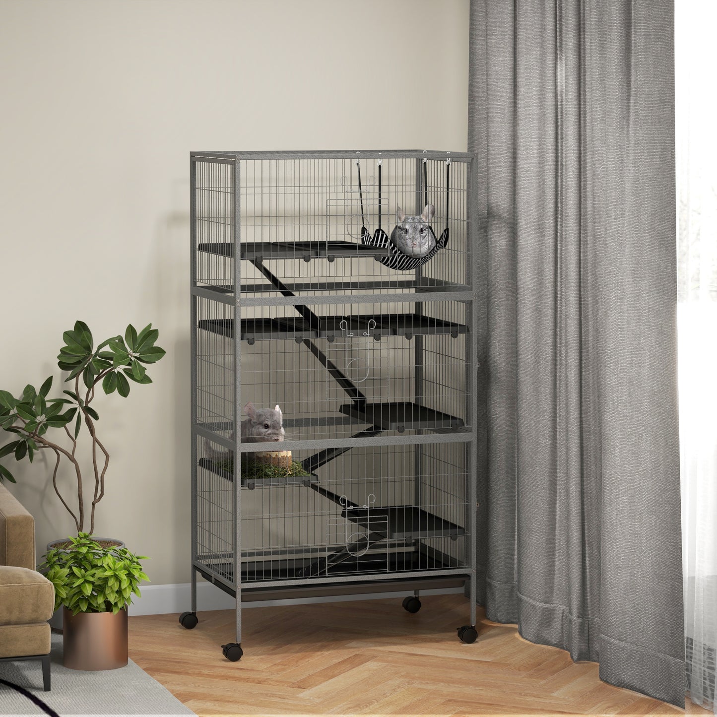 Cușcă pentru Iepuri cu 4 Intrări pe Niveluri Multiple cu Hamac, din Oțel și PP, 80x52x159 cm