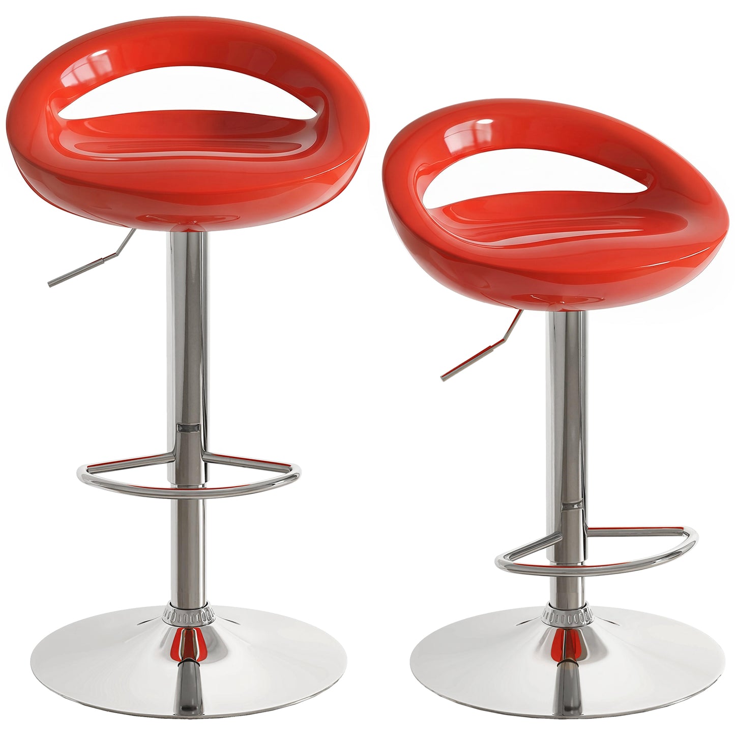 Set 2 Scaune de Bar Rotative cu Suport pentru Picioare, Înălțime Reglabilă, Bază din Oțel, Șezut din ABS, Roșu