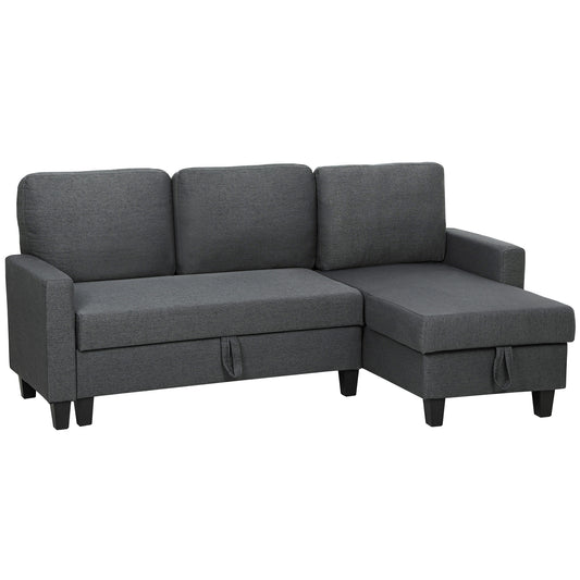 Divan Pat cu 3 Locuri și Chaise și Spațiu de Depozitare, din Țesătură cu Efect de Lin, 197x129x85 cm, Gri Antracit