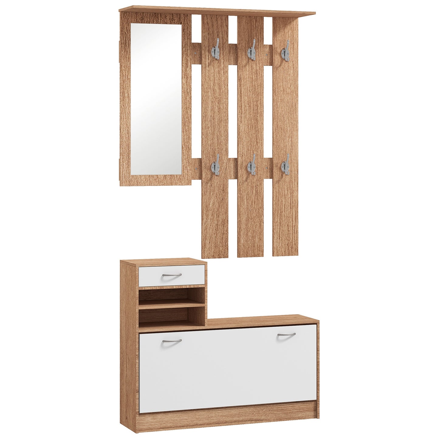 Mobilier Cuier 3 în 1 cu Suport pentru Pantofi și Oglindă, Cârlige și Sertare, din Lemn, 90x24x177 cm, Alb și Nuc