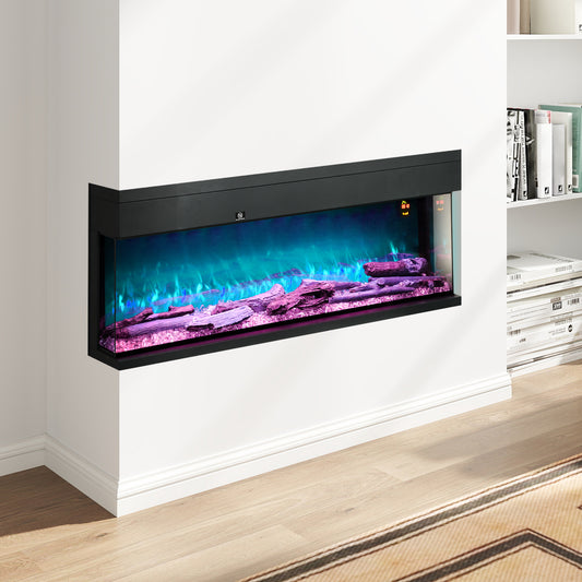 Șemineu Electric încorporat și de Perete 1800W cu Flăcări LED Colorate Reglabile, Temperatură de până la 40°C, Negru