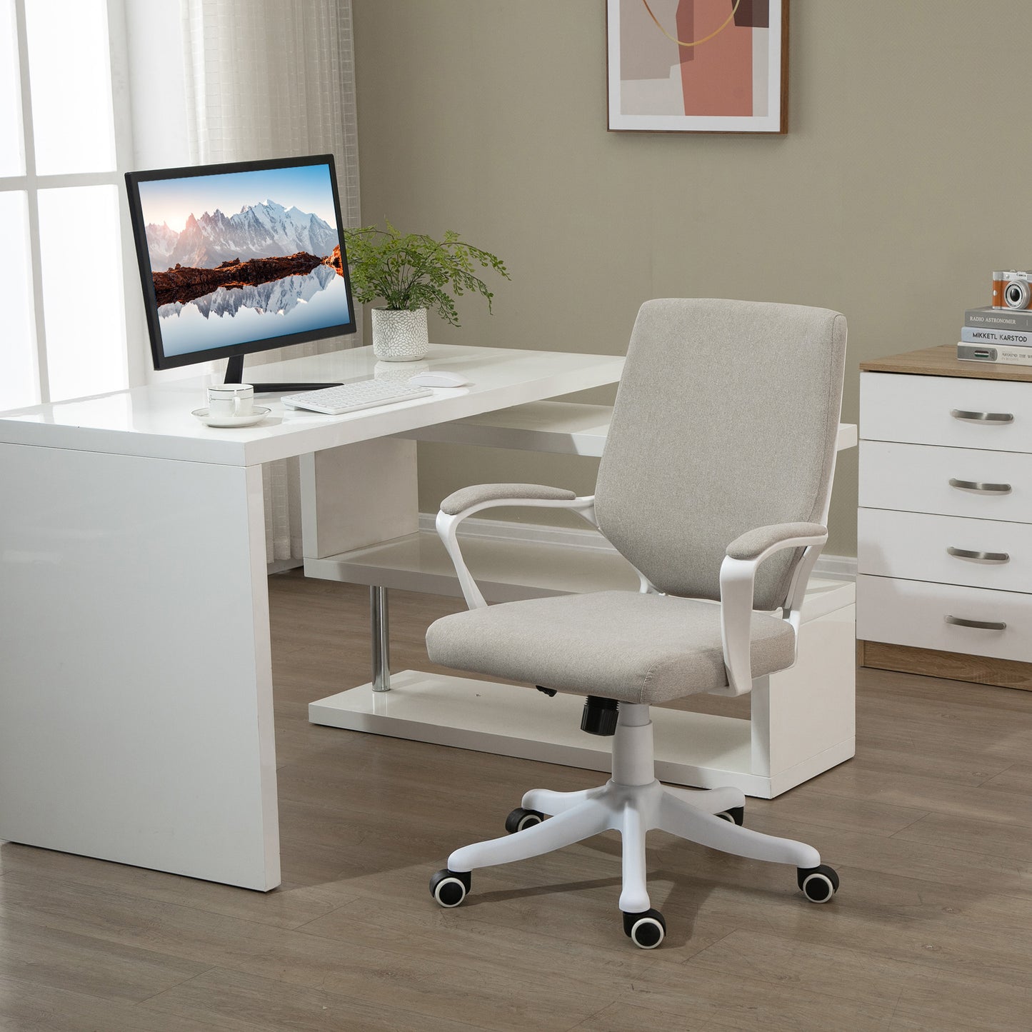 Scaun Birou Ergonomic cu Înălțime Reglabilă, Pivotant la 360° și Legănare, 62x69x92-100 cm, Bej
