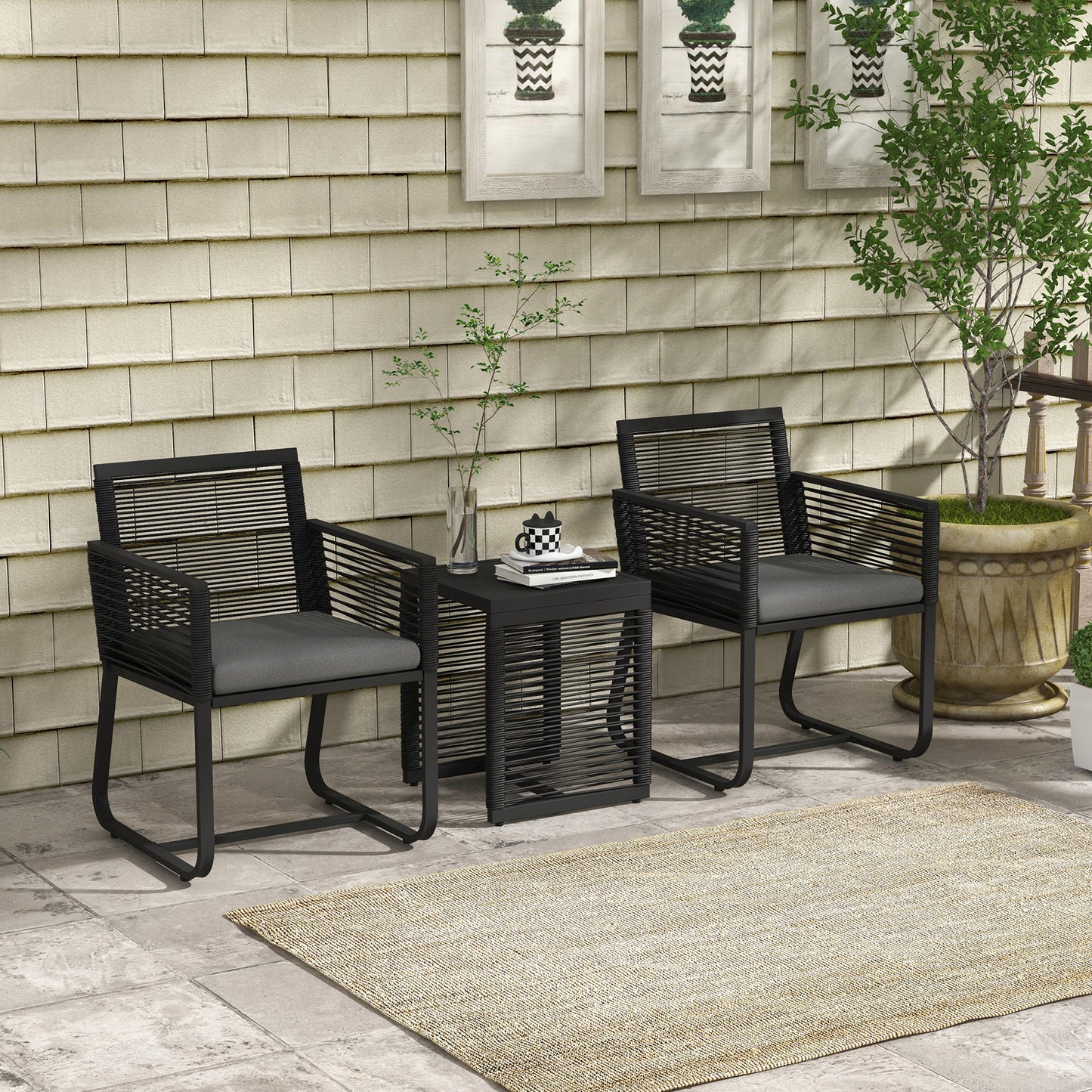 Set de Mobilier de Grădină din 3 Piese din Ratan, Set cu Masă din Sticlă Securizată și Perne Moi, 53x57x77 cm, Negru