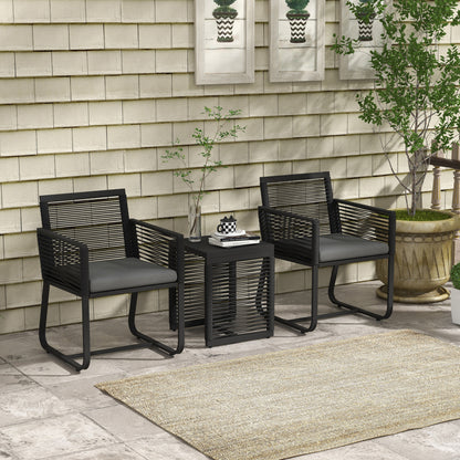 Set de Mobilier de Grădină din 3 Piese din Ratan, Set cu Masă din Sticlă Securizată și Perne Moi, 53x57x77 cm, Negru