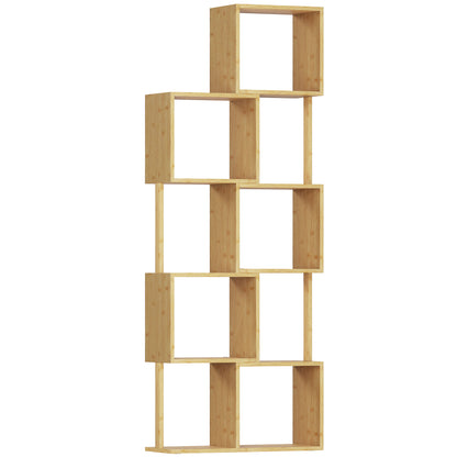 Bibliotecă Modernă Asimetrică cu 5 Rafturi din Bambus, 62,5 x 23 x 165 cm, Culoare Lemn Natural