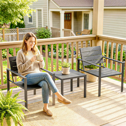 Set de Grădină 3 piese cu 2 Scaune de Exterior și Măsuță de Cafea, din HDPE și Metal, Gri Închis