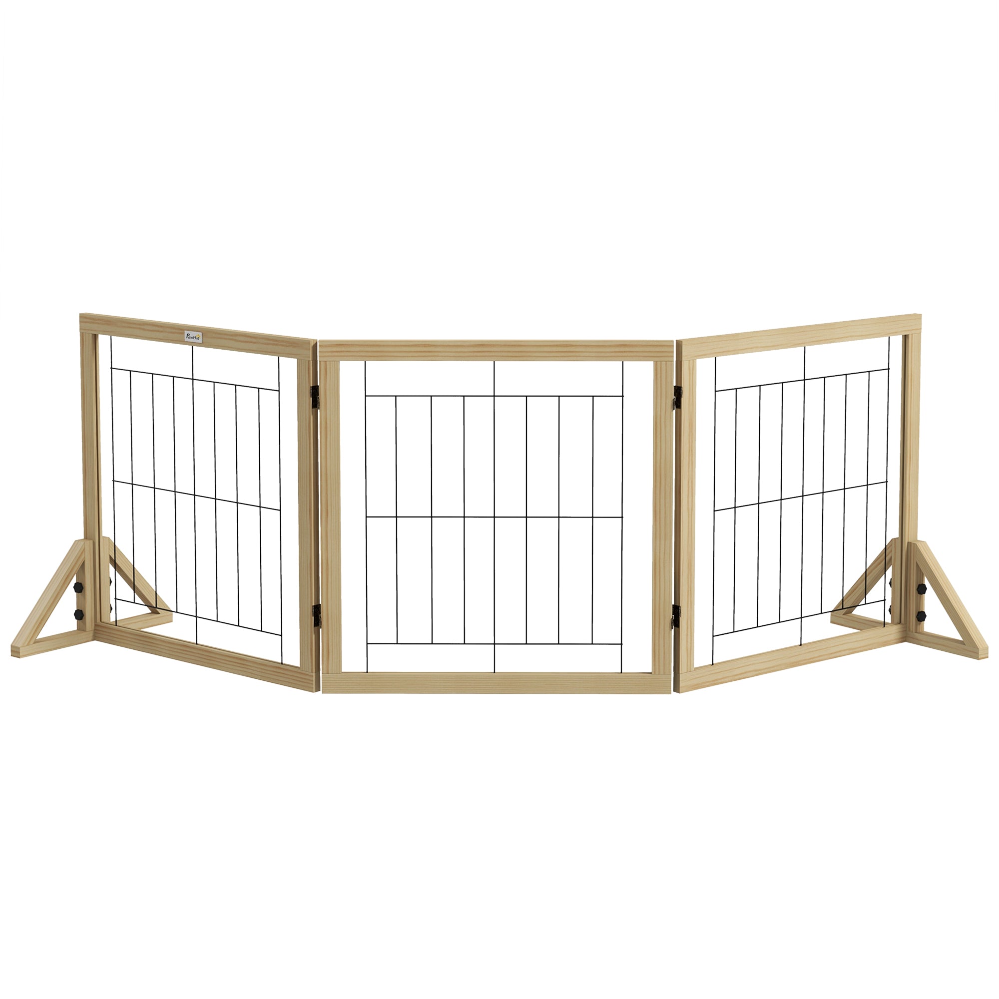 Poartă pentru Câini Pliabilă cu 3 Panouri și Picioare Triunghiulare, 210x70 cm, Lemn Natural
