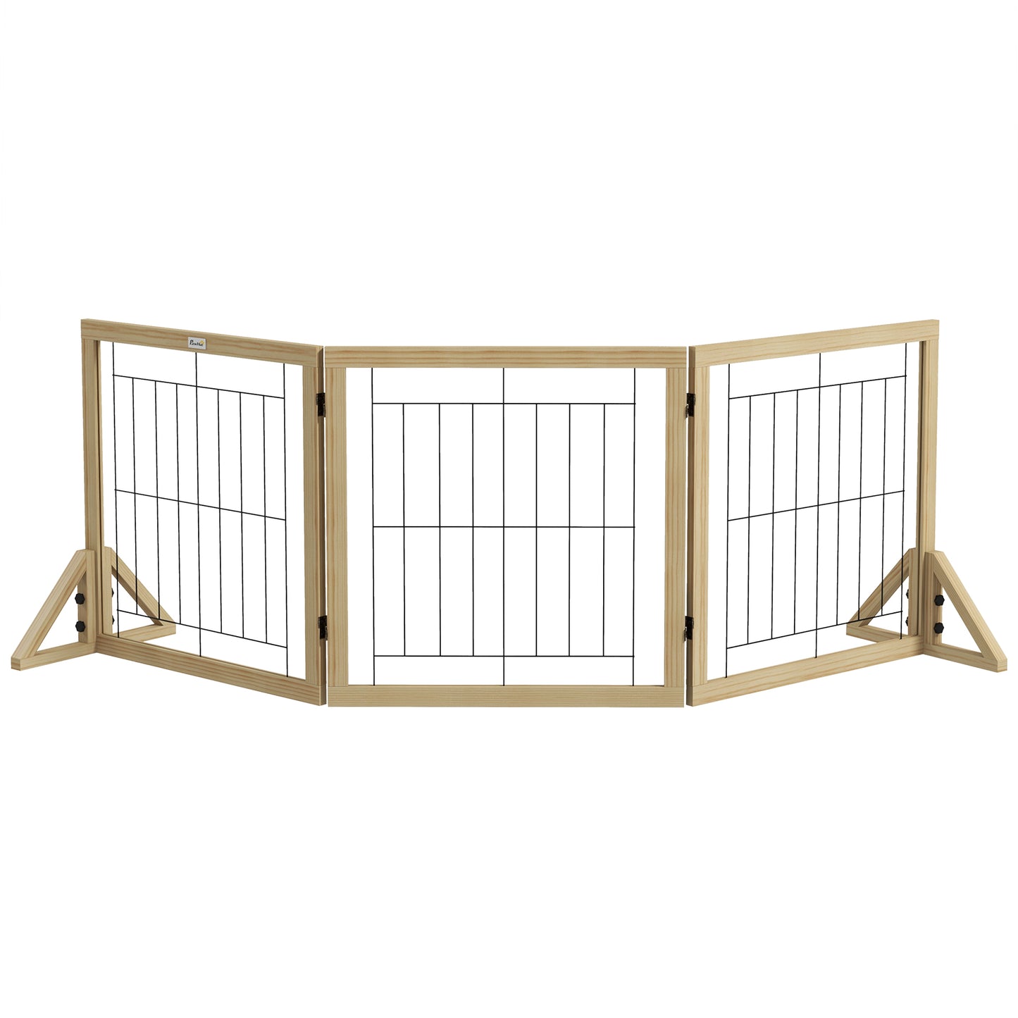 Poartă pentru Câini Pliabilă cu 3 Panouri și Picioare Triunghiulare, 210x70 cm, Lemn Natural