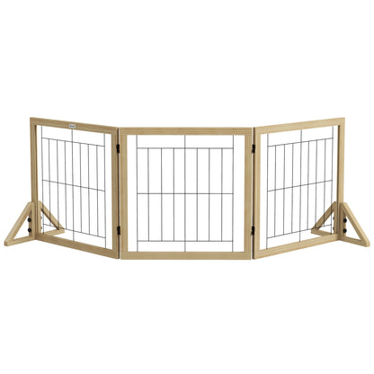 Poartă pentru Câini Pliabilă cu 3 Panouri și Picioare Triunghiulare, 210x70 cm, Lemn Natural