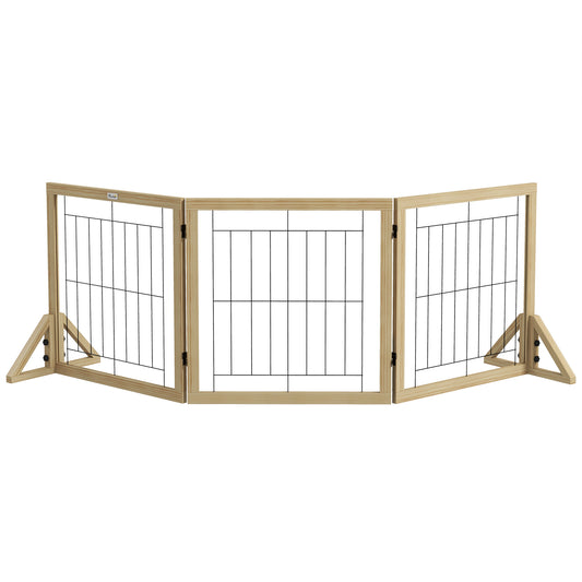 Poartă pentru Câini Pliabilă cu 3 Panouri și Picioare Triunghiulare, 210x70 cm, Lemn Natural