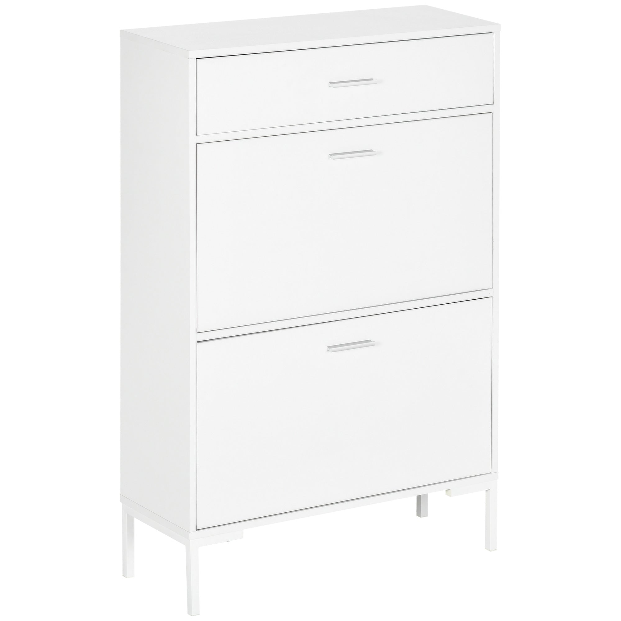 Dulap modern pentru pantofi, 12 perechi de pantofi cu 2 usi si sertar, din PAL, MDF si metal, 75x26x110 cm, alb