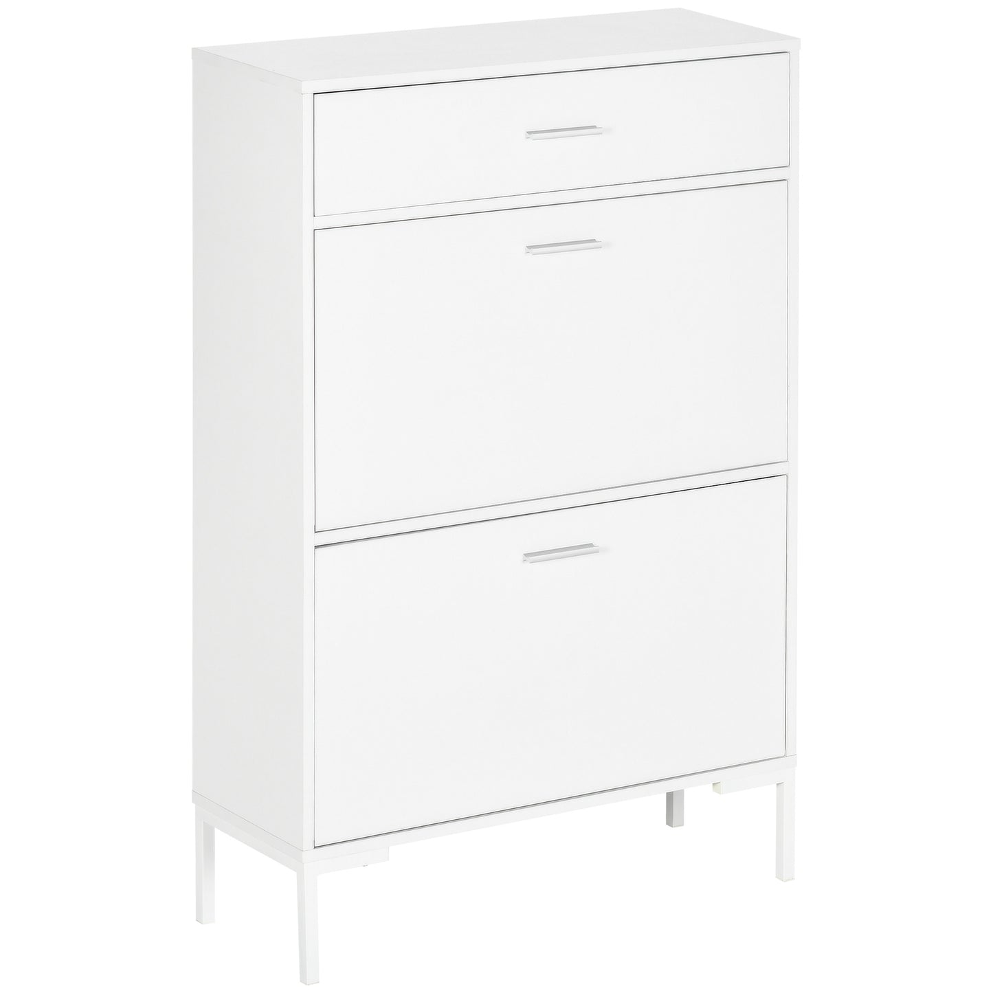 Dulap modern pentru pantofi, 12 perechi de pantofi cu 2 usi si sertar, din PAL, MDF si metal, 75x26x110 cm, alb