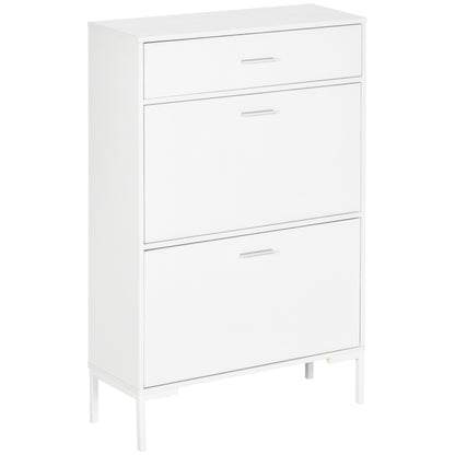Dulap modern pentru pantofi, 12 perechi de pantofi cu 2 usi si sertar, din PAL, MDF si metal, 75x26x110 cm, alb