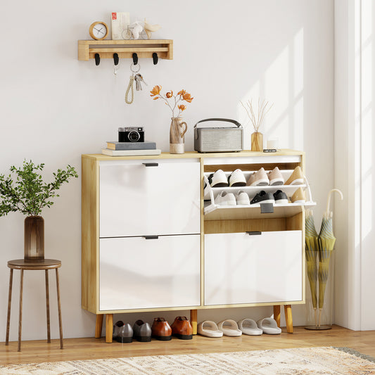 Dulap Slim Modern pentru Pantofi cu 4 Sertare Rabatabile, Capacitate 20 Perechi de Pantofi, 105x24x92.5 cm, Alb