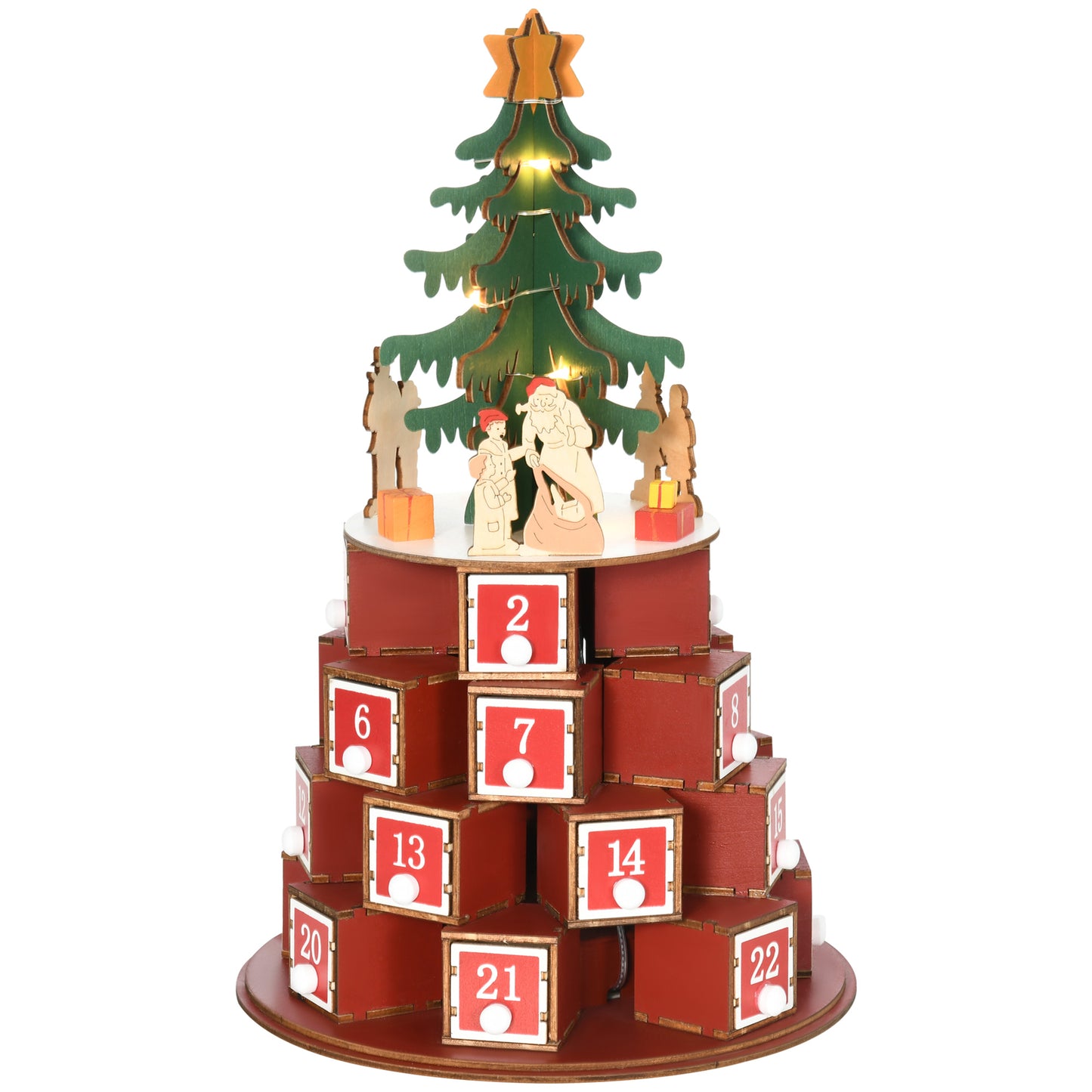 Calendar Advent de Craciun din lemn, cu lumini LED, pentru copii si adulti, rosu si verde