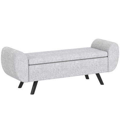 Bancă pentru Depozitare la Capătul Patului cu Brațe, Tapițerie din Material Textil, Picioare din Lemn și Capacitate de 53,8L, 132x42x50 cm, Gri