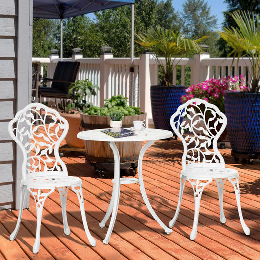Set pentru gradina 3 bucati din aluminiu alb cu design floral, 2 scaune pentru exterior 45x42x85.5 cm si masa rotunda Ø61x66.5 cm