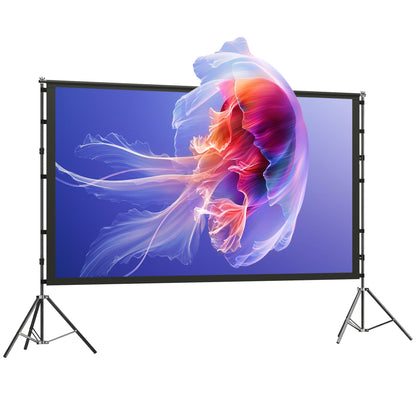 Ecran Proiector 100 Inch 4K/8K HD Format 16:9 cu 2 Trepiede Pliabile, Portabil, Dublă Față, Unghi de Vizionare 160°, pentru Acasă, Cinema sau Exterior, Alb