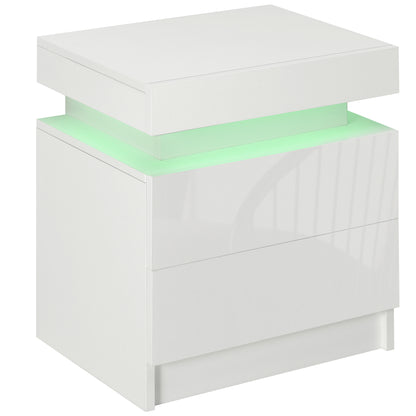 Noptieră cu lumină LED RGB, 2 sertare, 4 moduri de iluminare și 16 culori, din lemn, 45x35x52 cm, Alb