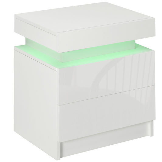 Noptieră cu lumină LED RGB, 2 sertare, 4 moduri de iluminare și 16 culori, din lemn, 45x35x52 cm, Alb