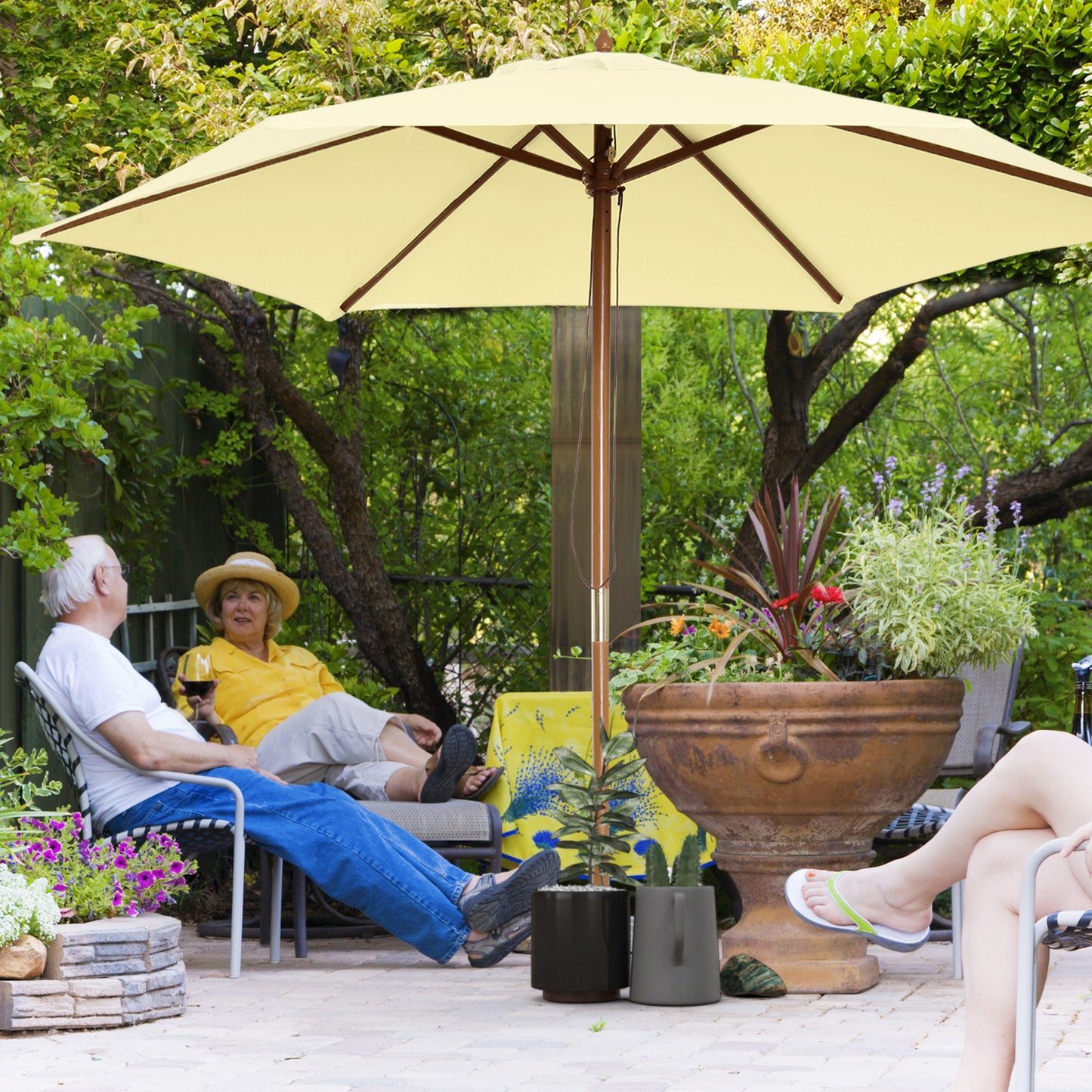 Umbrelă de Grădină Pătrată cu Cadru din Lemn, pentru Terasă, Curte sau Piscină, Protecție Solară, 2.5x2.5 m, Crem