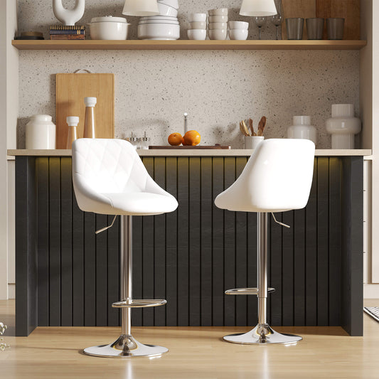 Set 2 Scaune de Bar Pivotante și Reglabile pentru bucătării și baruri, din Piele Ecologică, cu Cusături Diamant, 51.5x48x83-104cm, Albă
