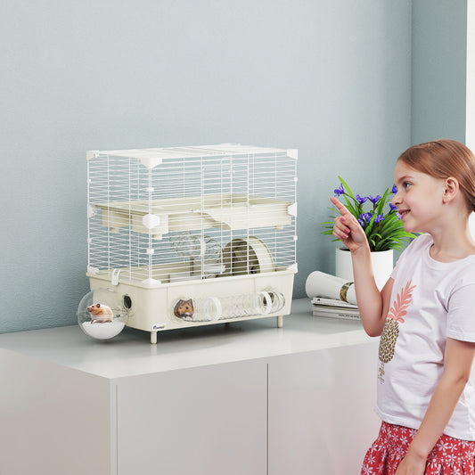 Cușcă pentru Hamsteri cu 2 Nivele și 3 Uși, cu Roată și Tuburi, din Oțel, PS și PP, 44.5x28x44 cm, Crem și Alb