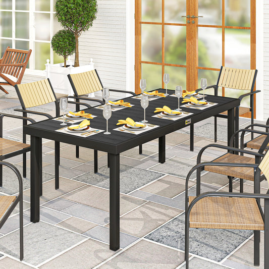 Masă de Grădină cu Blat cu Aspect de Lemn 190x90 cm pentru 8 Persoane, Masă de Luat Masa de Exterior Dreptunghiulară din Aluminiu și Plastic, pentru Terasă, Balcon, Negru