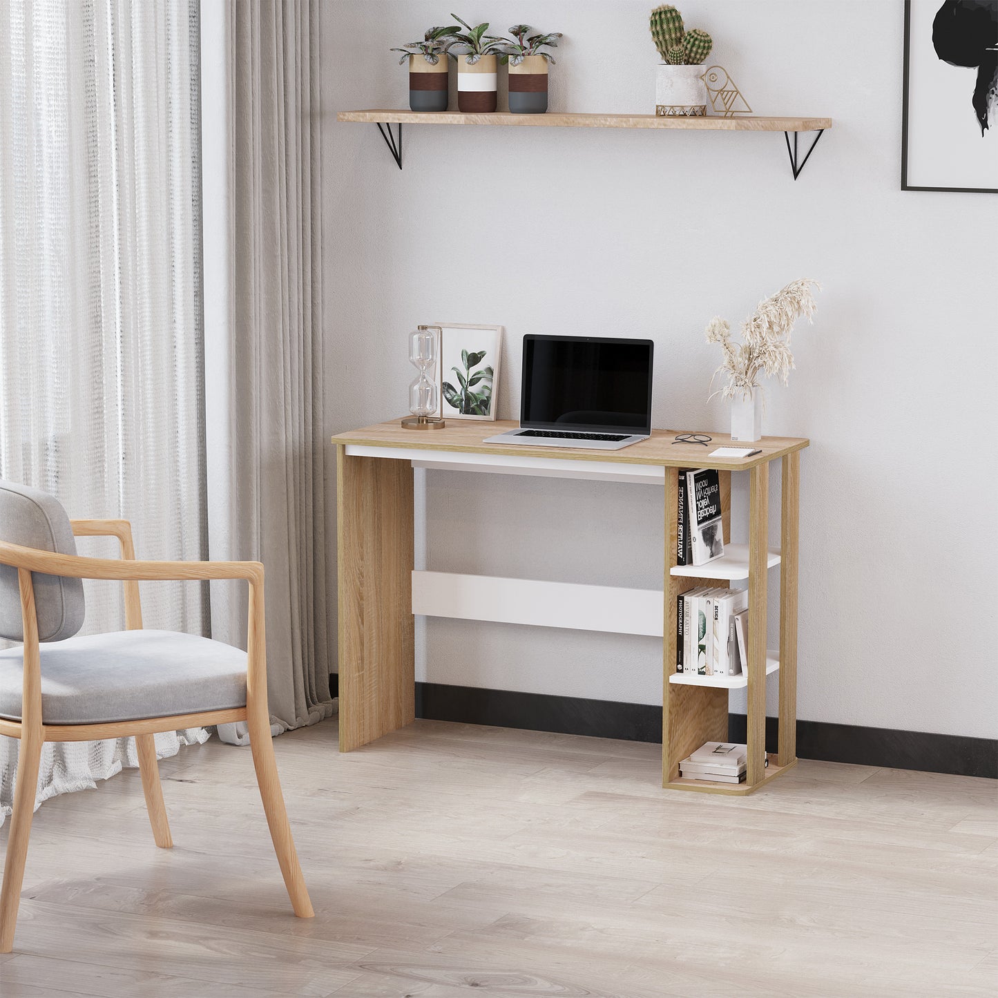 Birou Modern din Lemn cu Raft cu 3 Etaje, 100x44x74cm, Alb și Stejar