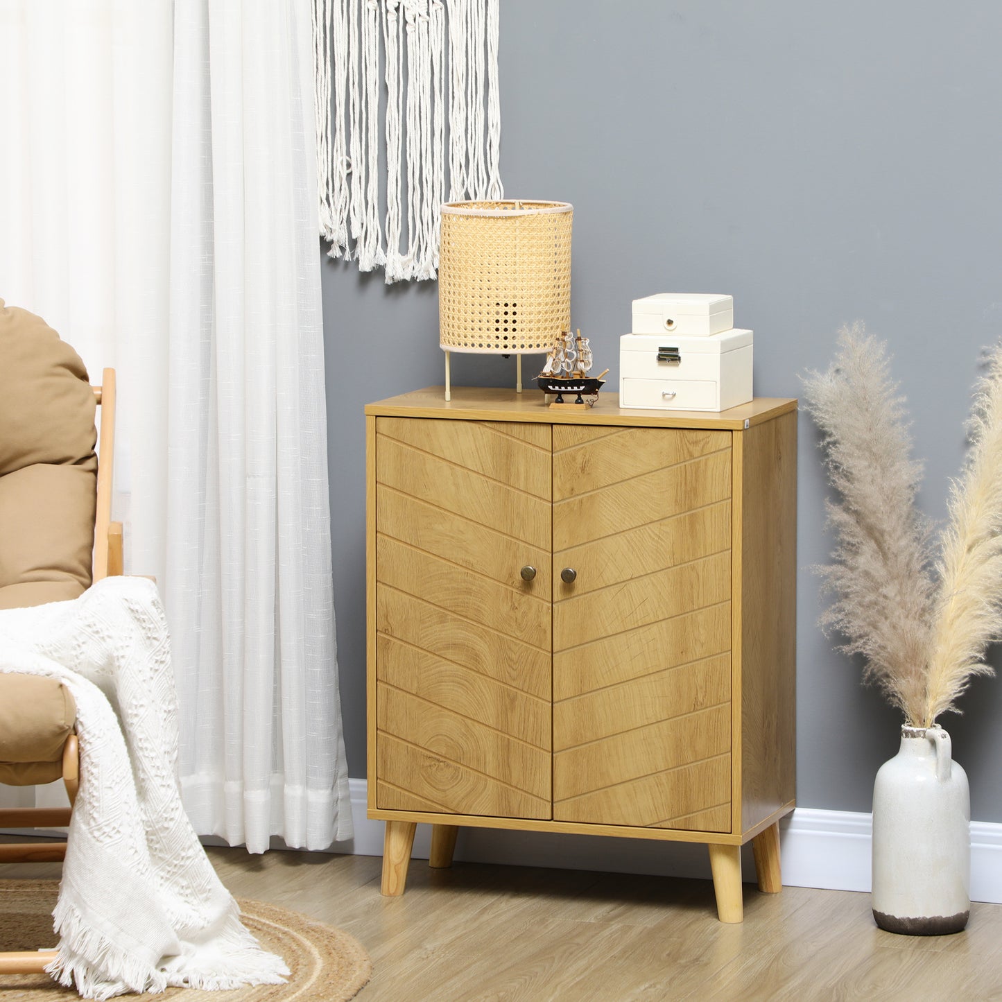 Dulap de depozitare vintage  cu usi chevron duble si picioare din lemn de pin, dulap lateral pentru living, bucatarie, dormitor, efect de lemn natural