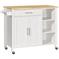 carucior bucatarie cu 4 roți, 3 rafturi, pentru bucătărie si sufragerie,107×48×89 cm, din MDF, Lemn de cauciucalba, alb