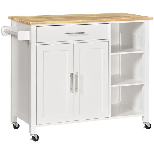carucior bucatarie cu 4 roți, 3 rafturi, pentru bucătărie si sufragerie,107×48×89 cm, din MDF, Lemn de cauciucalba, alb