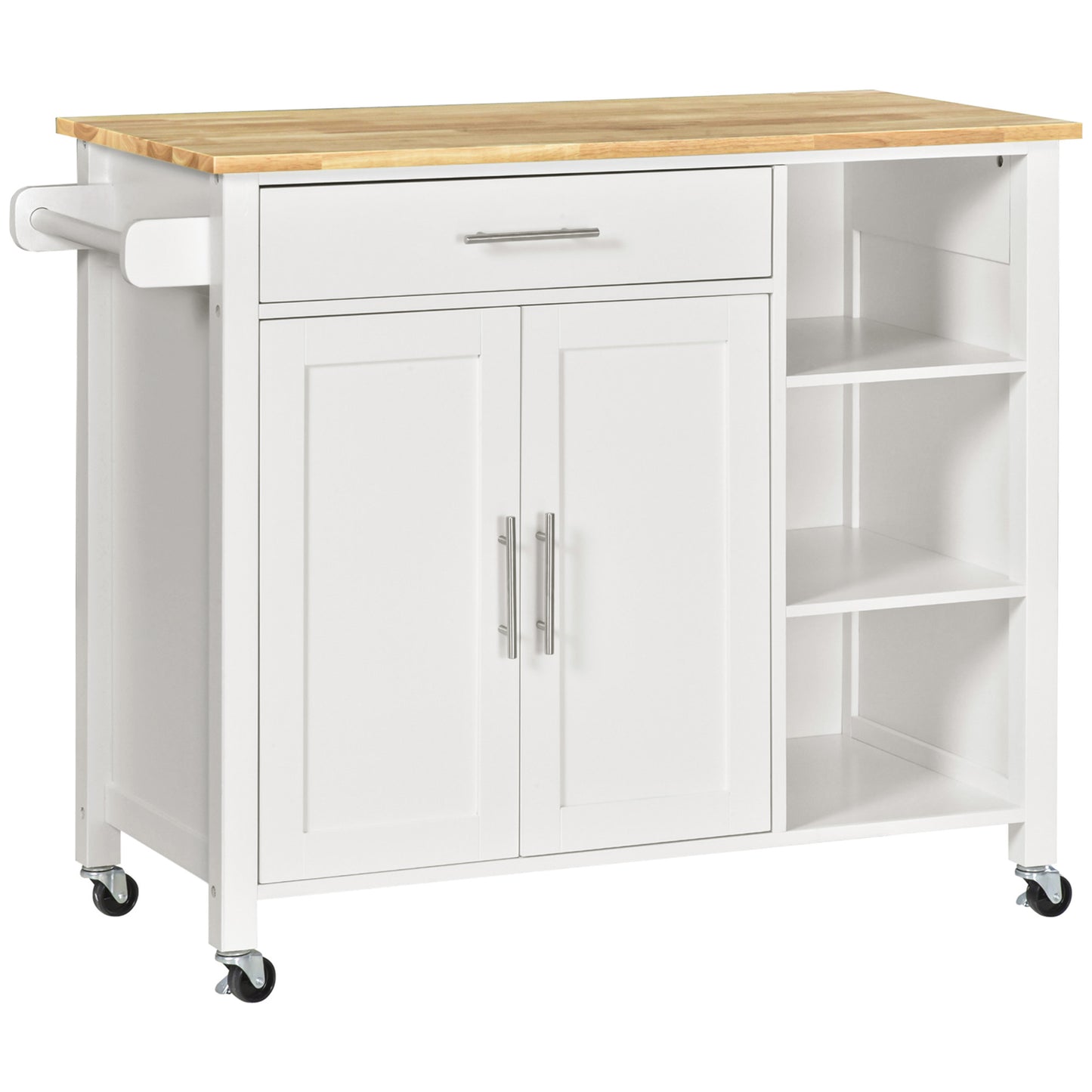 carucior bucatarie cu 4 roți, 3 rafturi, pentru bucătărie si sufragerie,107×48×89 cm, din MDF, Lemn de cauciucalba, alb