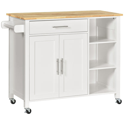 carucior bucatarie cu 4 roți, 3 rafturi, pentru bucătărie si sufragerie,107×48×89 cm, din MDF, Lemn de cauciucalba, alb